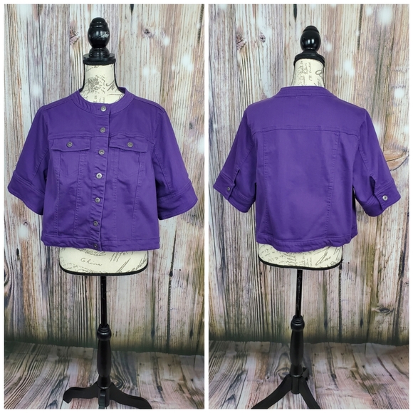 One World Purple Denim Elbow Sleeve Cropped Jacket